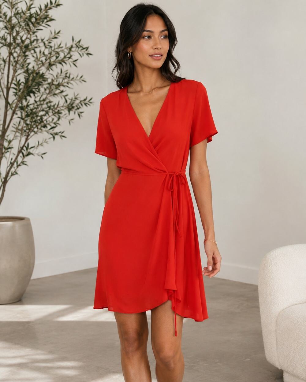 Babaton Red Orange Wrap Dress Short Sleeve Tie Waist Size S
